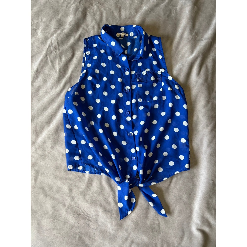 Timing Blue Polka Dot Sleeveless Tie Front Button Down Blouse XL